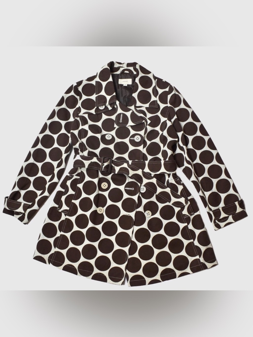 Merona Brown & White Bold Polka Dot Belted Double Breasted Trench Coat Sz L
